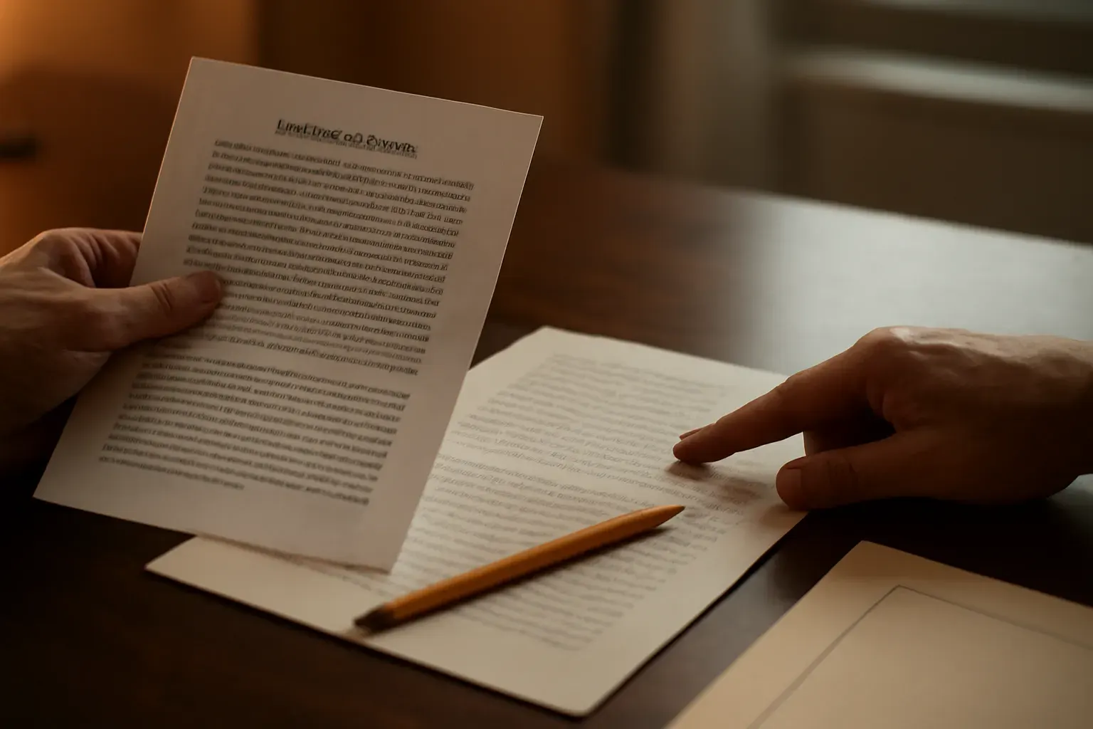 Hands reviewing a printed translation against its source document
